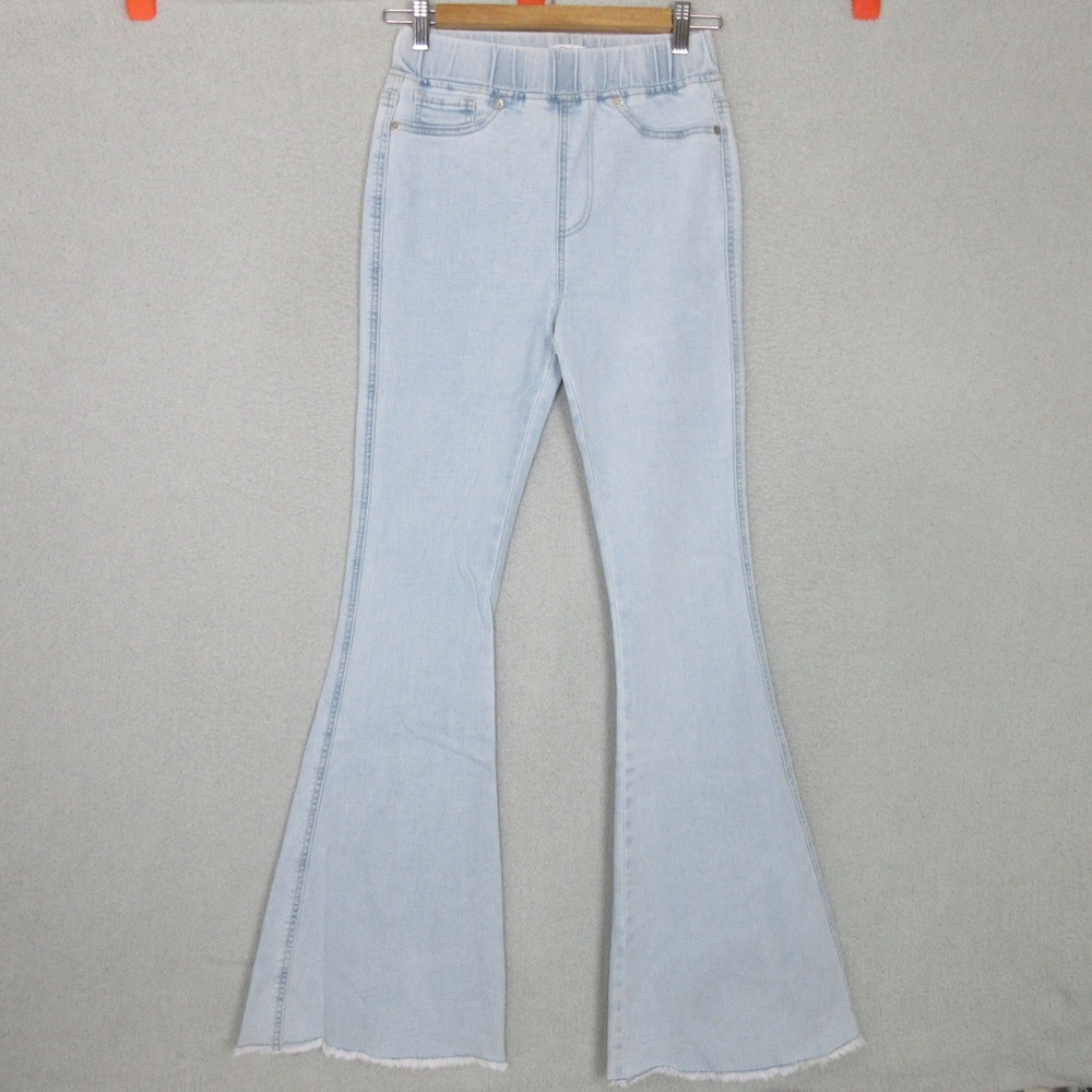 Mud Pie Womens Light Wash Pull On Flare Jeans High Rise Frayed Hem XS NEW